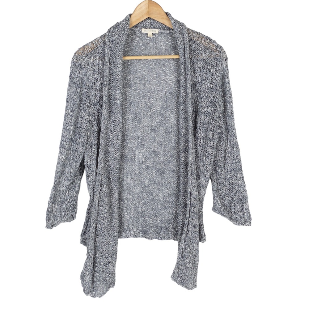 Eileen Fisher Sweater Womens Large Blue Open Front Cardigan Cotton Slub Coastal